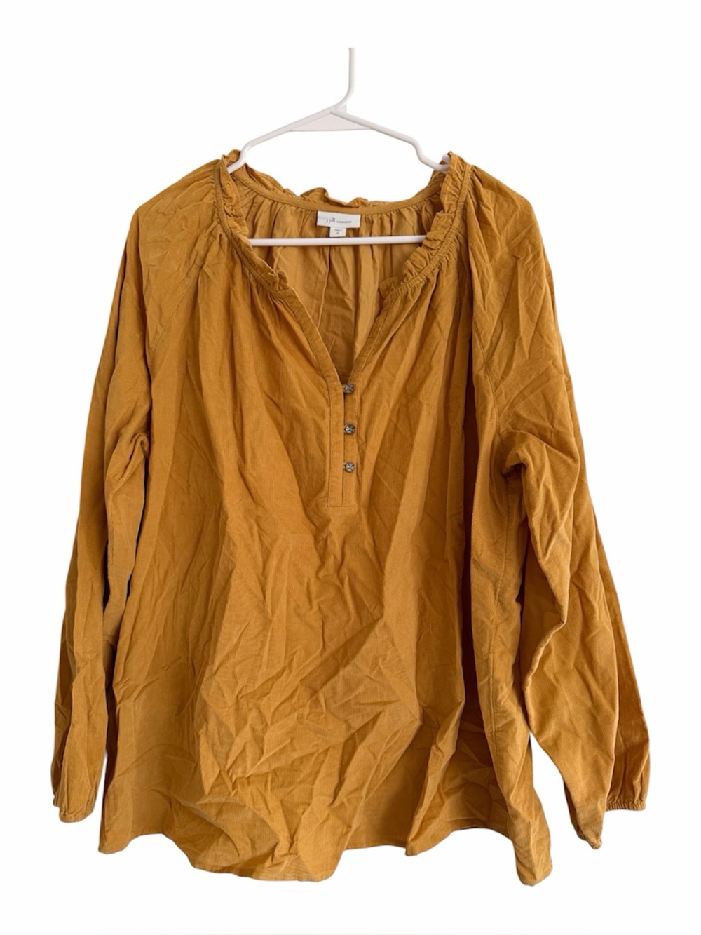 J Jill Corduroy Ruffled Henley Blouse Size XL Yellow Long Sleeve